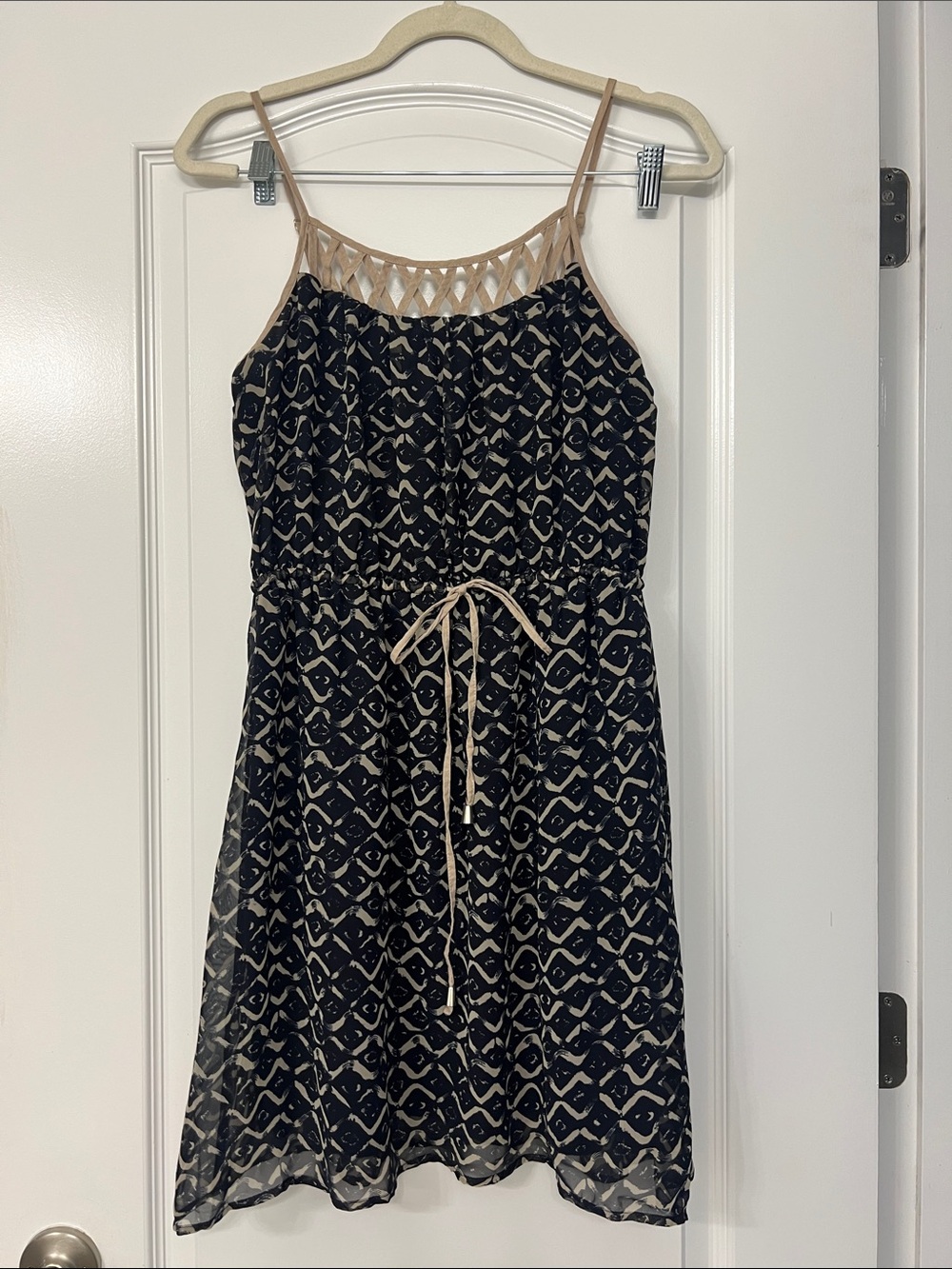 Rosebud Navy and Beige Mini Dress with Lattice Yoke